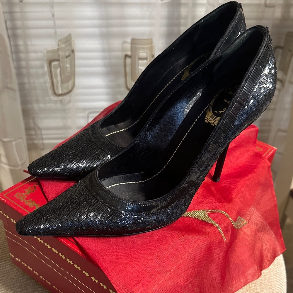 Rene Caovilla Black Sequin Heels